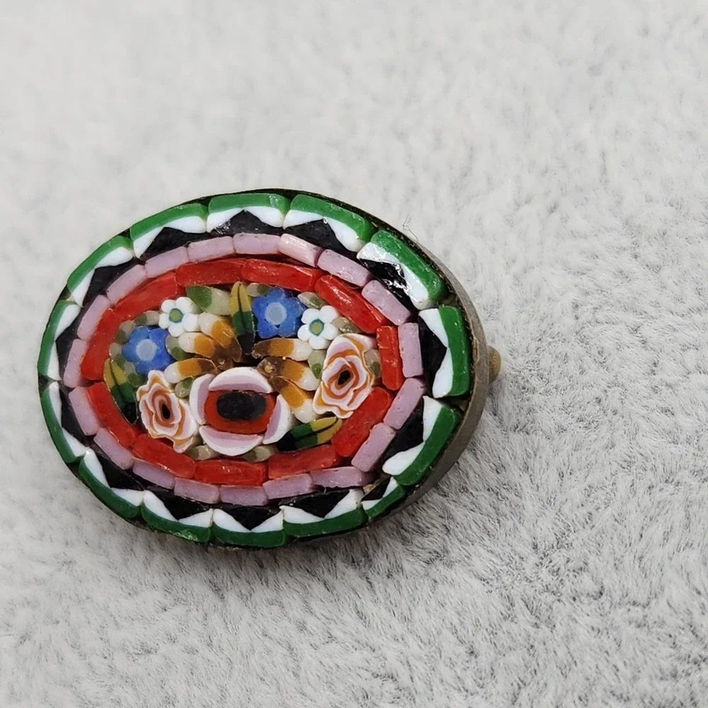Vintage Micro Mosaic Floral Brooch Made in Italy Oval Millefiori Glass Pin